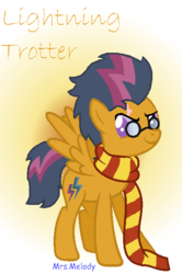 Size: 432x650 | Tagged: safe, artist:giraffer98, oc, oc only, oc:lightning storm, clothes, crossover, glasses, harry potter (series), offspring, parent:rumble, parent:scootaloo, parents:rumbloo, parody, scar, scarf, solo