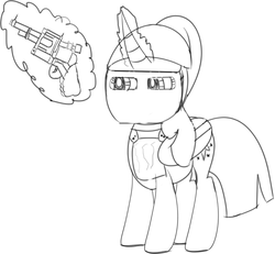 Size: 1079x999 | Tagged: safe, artist:pastelhorses, twilight sparkle, alicorn, pony, g4, chestplate, face mask, female, gun, levitation, magic, mare, monochrome, revolver, rust, solo, telekinesis, twilight sparkle (alicorn)