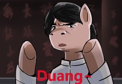 Size: 611x420 | Tagged: artist needed, safe, chinese, chinese meme, clothes, jackie chan, meme, open mouth, ponified