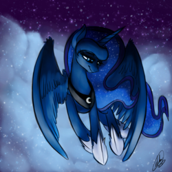 Size: 3000x3000 | Tagged: safe, artist:xxmarkingxx, princess luna, g4, cloud, female, flying, high res, night, solo, stars