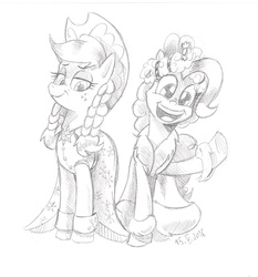 Size: 924x992 | Tagged: safe, artist:saturdaymorningproj, applejack, pinkie pie, spirit of hearth's warming past, spirit of hearth's warming presents, earth pony, pony, a hearth's warming tail, g4, duo, female, grayscale, lineart, mare, monochrome, open mouth, raised hoof, simple background, smiling, traditional art