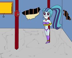 Size: 1656x1338 | Tagged: safe, artist:walnutwilly, sonata dusk, equestria girls, g4, bomb, bondage, cloth gag, clothes, damsel in distress, gag, high heel boots, kidnapped, rope, this will end in death, tied up, underwear, weapon