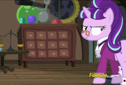Size: 638x432 | Tagged: safe, screencap, snowfall frost, starlight glimmer, pony, a hearth's warming tail, g4, season 6, animated, butt, cabinet, clothes, discovery family logo, eyes closed, female, frock coat, glare, glimmer glutes, globe, hoof boots, jabot, looking back, loop, mare, pince-nez, plot, rug, scale, solo, spats, table, talking, walking, wooden floor