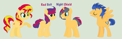 Size: 1024x326 | Tagged: safe, artist:aquadusk, flash sentry, sunset shimmer, oc, oc:night shield, oc:red bolt, pony, g4, female, male, offspring, parent:flash sentry, parent:sunset shimmer, parents:flashimmer, ship:flashimmer, shipping, straight