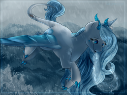 Size: 2561x1922 | Tagged: safe, artist:segraece, oc, oc only, oc:crystal vision, dracony, hybrid, original species, commission, flying, forest, mountain, solo, winter