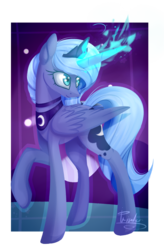 Size: 1537x2337 | Tagged: dead source, safe, artist:mp-printer, princess luna, alicorn, pony, g4, female, horn, magic, mare, raised hoof, s1 luna, solo, wings