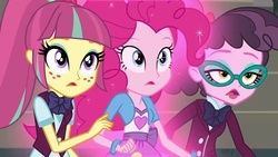 Size: 1280x720 | Tagged: safe, screencap, pinkie pie, sour sweet, varsity trim, equestria girls, g4, my little pony equestria girls: friendship games, background human, balloon, bracelet, clothes, crystal prep academy uniform, glasses, jewelry, school uniform, skirt