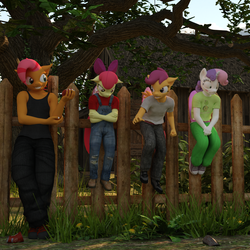 Size: 2000x2000 | Tagged: safe, artist:tahublade7, apple bloom, babs seed, scootaloo, sweetie belle, earth pony, anthro, plantigrade anthro, g4, 3d, apple print underwear, backyard, blushing, bully, bullying, clothes, cutie mark crusaders, daz studio, embarrassed, fence, hanging wedgie, high res, panties, pants, pink underwear, polka dot underwear, silly panties, tank top, underwear, wedgie, white underwear