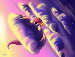 Size: 2048x1556 | Tagged: safe, artist:freeedon, fluttershy, g4, cloud, cute, female, hiding, looking at you, peeking, shy, shyabetes, sky, solo, spread wings, stars, sunset, wing hands