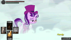Size: 960x540 | Tagged: safe, artist:drafthoof, edit, edited screencap, screencap, princess luna, snowfall frost, spirit of hearth's warming yet to come, starlight glimmer, pony, unicorn, a hearth's warming tail, g4, animated, crossover, dark souls, discovery family logo, life bar, misspelling