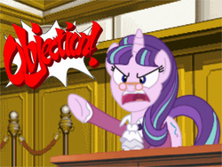 Size: 400x300 | Tagged: safe, artist:rioumcdohl26, snowfall frost, starlight glimmer, a hearth's warming tail, g4, ace attorney, courtroom, manfred von karma, miles edgeworth, objection, prosecutor