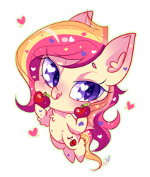 Size: 566x669 | Tagged: safe, artist:ipun, oc, oc only, oc:apple bite, bat pony, pony, apple, blushing, female, food, heart, heart eyes, mare, simple background, smiling, solo, transparent background, wingding eyes