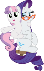 Size: 4291x6865 | Tagged: safe, artist:fruft, rarity, sweetie belle, pony, unicorn, for whom the sweetie belle toils, g4, absurd resolution, cute, duo, duo female, female, filly, glasses, mare, piggyback ride, pointing, simple background, sisters, transparent background, vector