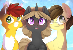 Size: 1280x887 | Tagged: safe, artist:okaces, oc, oc only, oc:golden dream, oc:okane, oc:sinatra, earth pony, pony, unicorn, ear tufts, heart eyes, smiling, trio, wingding eyes