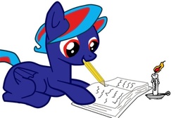 Size: 763x512 | Tagged: artist needed, safe, oc, oc only, oc:hellfire, pegasus, pony, book, pencil, solo, writer