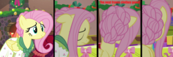 Size: 3236x1076 | Tagged: safe, screencap, flutterholly, fluttershy, a hearth's warming tail, g4, animation error, disappearing clothes, red text, text