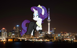 Size: 3200x2000 | Tagged: safe, artist:cheezedoodle96, artist:theotterpony, rarity, pony, g4, auckland, black dress, clothes, dress, giant pony, giantess, high res, highrise ponies, irl, macro, necklace, new zealand, night sky, pearl necklace, photo, ponies in real life, raised hoof, solo, vector