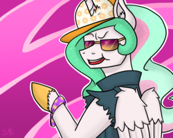 Size: 3000x2400 | Tagged: safe, artist:smilingm00n, princess celestia, pony, g4, clothes, female, hat, high res, solo, sunglasses, totally radical, vest