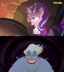 Size: 640x719 | Tagged: safe, screencap, snowfall frost, starlight glimmer, a hearth's warming tail, g4, animated, comparison, discovery family logo, disney, female, looking at you, nail polish, the little mermaid, ursula