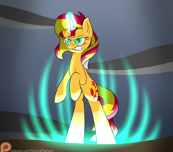 Size: 1024x896 | Tagged: safe, artist:mechanized515, sunset shimmer, pony, unicorn, g4, female, glowing horn, gritted teeth, horn, magic, patreon, patreon logo, rearing, solo