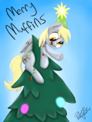 Size: 4414x5796 | Tagged: safe, artist:pucksterv, derpy hooves, pegasus, pony, a hearth's warming tail, g4, absurd resolution, christmas, christmas lights, christmas tree, derpy star, female, holiday, mare, simple background, solo, tree