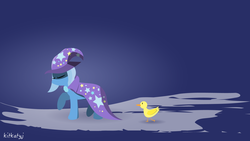 Size: 1920x1080 | Tagged: safe, artist:kitkatyj, trixie, duck, pony, unicorn, g4, clothes, coat, duckling, eyes closed, female, gem, hat, hooves, horn, lineless, mare, pet, solo