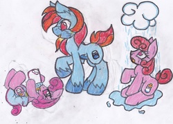 Size: 3089x2229 | Tagged: safe, artist:cuddlelamb, oc, oc only, pony, baby, baby bottle, baby pony, diaper, high res, male to female, poofy diaper, rule 63, solo, traditional art, transformation