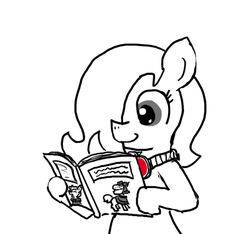 Size: 640x600 | Tagged: safe, artist:ficficponyfic, oc, oc only, oc:emerald jewel, earth pony, pony, colt quest, amulet, child, colt, comic book, cute, femboy, foal, hair over one eye, male, reading, smiling, story included