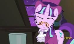 Size: 786x465 | Tagged: safe, edit, edited screencap, screencap, snowfall frost, starlight glimmer, a hearth's warming tail, g4, discovery family logo, inverted mouth