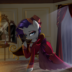 Size: 1000x1000 | Tagged: safe, artist:yuntaoxd, merry, rarity, pony, unicorn, a hearth's warming tail, g4, alcohol, bed, bedroom, bedroom eyes, brush, choker, clothes, curtains, eyeshadow, fainting couch, fan, female, hat, looking at you, makeup, mare, mirror, night, perfume, reflection, rug, silhouette, solo, window, wine, wine bottle, wine glass