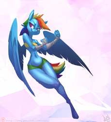 Size: 1099x1200 | Tagged: safe, artist:atryl, rainbow dash, anthro, unguligrade anthro, g4, abstract background, arm wraps, athletic tape, bandeau, belly button, breasts, clothes, delicious flat chest, female, hand wraps, lineless, midriff, rainbow flat, running, shorts, slender, smiling, solo, taped fists, thin
