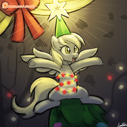 Size: 750x750 | Tagged: safe, artist:lumineko, derpy hooves, pegasus, pony, a hearth's warming tail, g4, christmas tree, cute, derpy star, female, mare, patreon, patreon logo, solo, tree