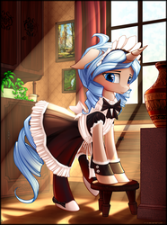 Size: 1475x1980 | Tagged: safe, artist:xn-d, oc, oc only, oc:opuscule antiquity, pony, unicorn, blushing, clothes, crepuscular rays, dust motes, female, kitchen, maid, mare, shy, smiling, window
