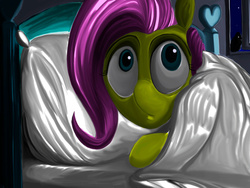 Size: 1024x768 | Tagged: safe, artist:ponsce, fluttershy, g4, bed, blanket, female, lying down, night, pillow, solo, worried