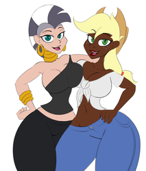 Size: 1260x1481 | Tagged: safe, artist:lil miss jay, applejack, zecora, human, g4, big breasts, blonde hair, breasts, busty applejack, busty zecora, cleavage, clothes, dark skin, duo, duo female, female, freckles, front knot midriff, hand on hip, humanized, impossibly thin waist, jeans, light skin, lipstick, midriff, mohawk, neck rings, pants, piercing, race swap, simple background, wasp waist, white background, white zecora, wide hips