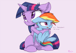 Size: 900x631 | Tagged: dead source, safe, artist:mistydash, rainbow dash, twilight sparkle, pegasus, pony, unicorn, g4, chest fluff, cute, dialogue, ear fluff, female, filly rainbow dash, floppy ears, frog (hoof), hug, mare, open mouth, shoulder fluff, size difference, smol, smoldash, unamused, underhoof, unicorn twilight