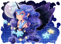Size: 1920x1400 | Tagged: safe, artist:miniiming, nightmare moon, human, g4, cute little fangs, elf ears, female, horn, horned humanization, humanized, mare in the moon, moon, solo, stars, winged humanization