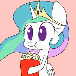 Size: 482x482 | Tagged: safe, artist:p-skink, princess celestia, alicorn, pony, g4, :t, cute, cutelestia, eating, female, food, no pupils, pink background, popcorn, reaction image, simple background, solo