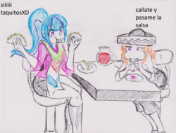 Size: 2673x2031 | Tagged: safe, artist:elgatosabio, adagio dazzle, sonata dusk, equestria girls, g4, blushing, duo, female, food, hat, high res, sonataco, spanish, taco, that girl sure loves tacos, that siren sure does love tacos, traditional art, translated in the description