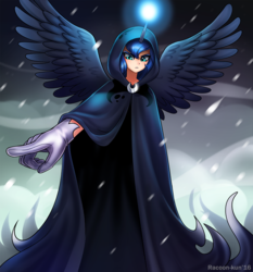 Size: 800x857 | Tagged: safe, artist:racoonsan, princess luna, spirit of hearth's warming yet to come, human, a hearth's warming tail, g4, cloak, clothes, divine, female, gloves, glowing horn, horn, horned humanization, humanized, luna's future, pointing, scene interpretation, snow, snowfall, solo, spread wings, winged humanization, wings
