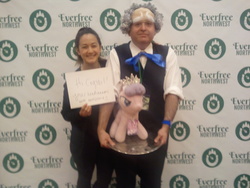 Size: 2560x1920 | Tagged: safe, diamond tiara, randolph, human, g4, 2016, clothes, cosplay, costume, everfree northwest, everfree northwest 2016, irl, irl human, photo, plushie, shannon chan-kent, shoutout, voice actor