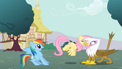 Size: 1024x576 | Tagged: safe, fluttershy, gilda, rainbow dash, griffon, g4, female, gildashy, lesbian, shipping, vector