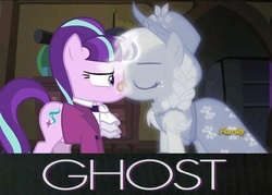 Size: 600x430 | Tagged: safe, edit, edited screencap, screencap, applejack, snowfall frost, spirit of hearth's warming past, starlight glimmer, ghost, a hearth's warming tail, g4, discovery family logo, ghost (movie), glimmerjack, kissing, meme, shipping