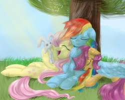 Size: 2500x2000 | Tagged: safe, artist:redheadfly, fluttershy, rainbow dash, scootaloo, pegasus, pony, g4, cuddling, cute, cutealoo, female, high res, lesbian, mare, pony pile, scootalove, ship:flutterdash, shipping, shyabetes, sleeping, sleeping together, snuggling, tree, wing blanket