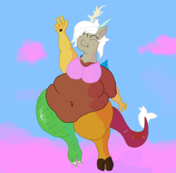Size: 807x795 | Tagged: safe, artist:lupin quill, discord, anthro, g4, bbw, big belly, bra, busty eris, clothes, cloud, cotton candy, cotton candy cloud, eris, fat, female, food, happy, huge eris, peace sign, rule 63, solo, underwear