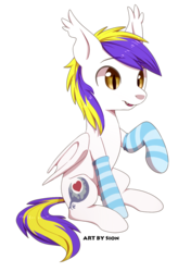 Size: 965x1371 | Tagged: safe, artist:sion, oc, oc only, oc:juby skylines, bat pony, pony, clothes, confused, cute, socks, solo, striped socks