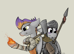 Size: 842x610 | Tagged: safe, artist:sinrar, oc, oc:sinrar, oc:sizzle, axe, crossover, dark souls, fantasy class, fire, knight, pyromancer, spear, warrior, weapon