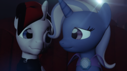 Size: 2560x1440 | Tagged: safe, trixie, oc, oc:vanitas, pony, unicorn, g4, 3d, canon x oc, female, male, mare, movie, shipping, source filmmaker, straight