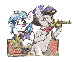 Size: 918x768 | Tagged: safe, artist:hobilo, dj pon-3, octavia melody, vinyl scratch, earth pony, pony, unicorn, a hearth's warming tail, g4, belly button, bow, bowtie, clothes, female, glasses, hat, looking at you, mare, musical instrument, open mouth, phonograph, simple background, smiling, victrola scratch, violin, white background