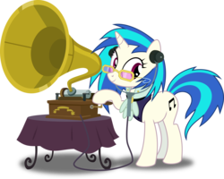 Size: 3756x3000 | Tagged: safe, artist:ruinedomega, dj pon-3, vinyl scratch, pony, unicorn, a hearth's warming tail, g4, clothes, female, high res, inkscape, mare, phonograph, ponyscape, simple background, smiling, solo, transparent background, vector, victrola scratch, wax cylinder